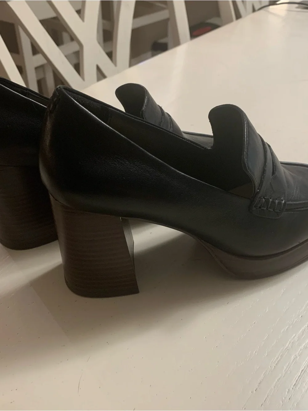Clarks Black Leather Penny Loafers with Stacked Heel